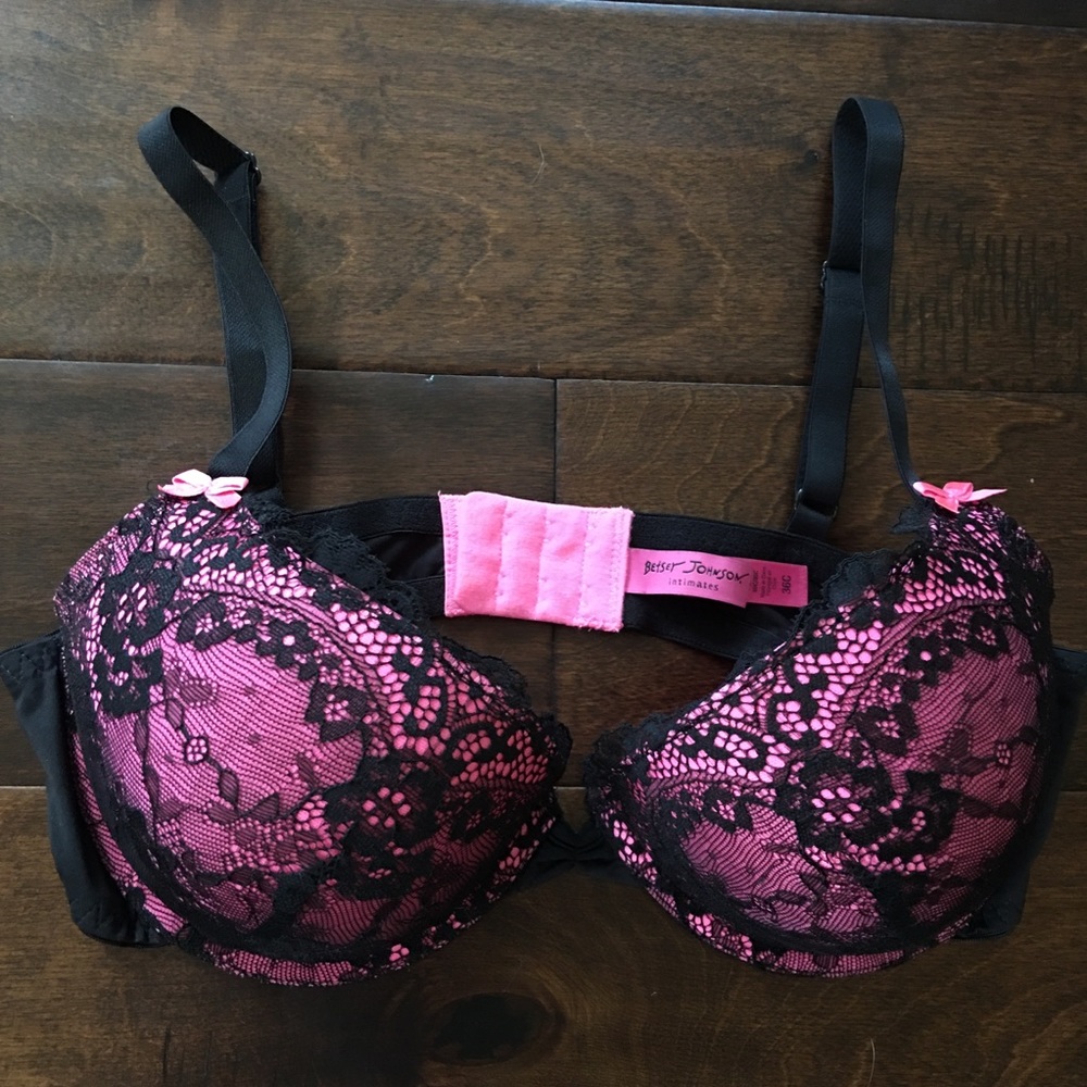 Betsy Johnson 34D Pink Black Lace Push Up Bra
